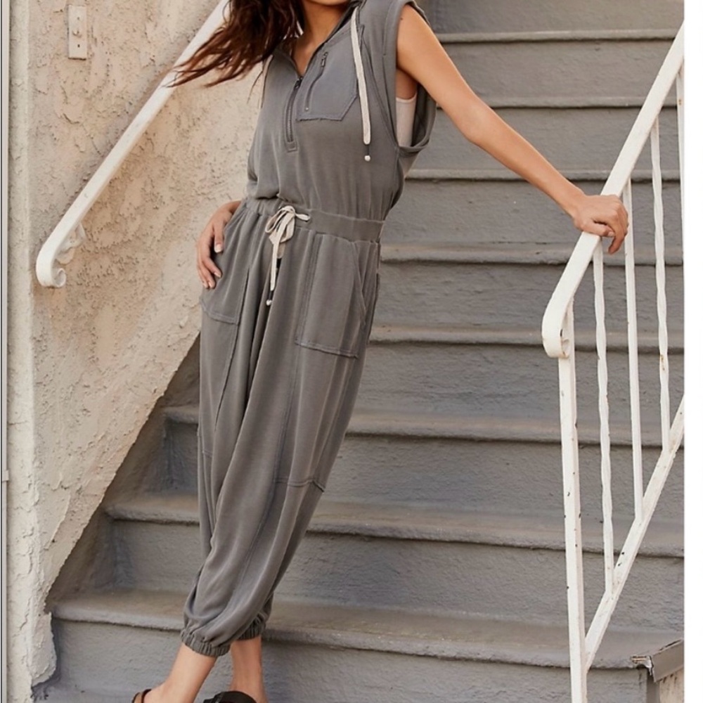 Free People Sleeveless Hooded Jumpsuit in Gray